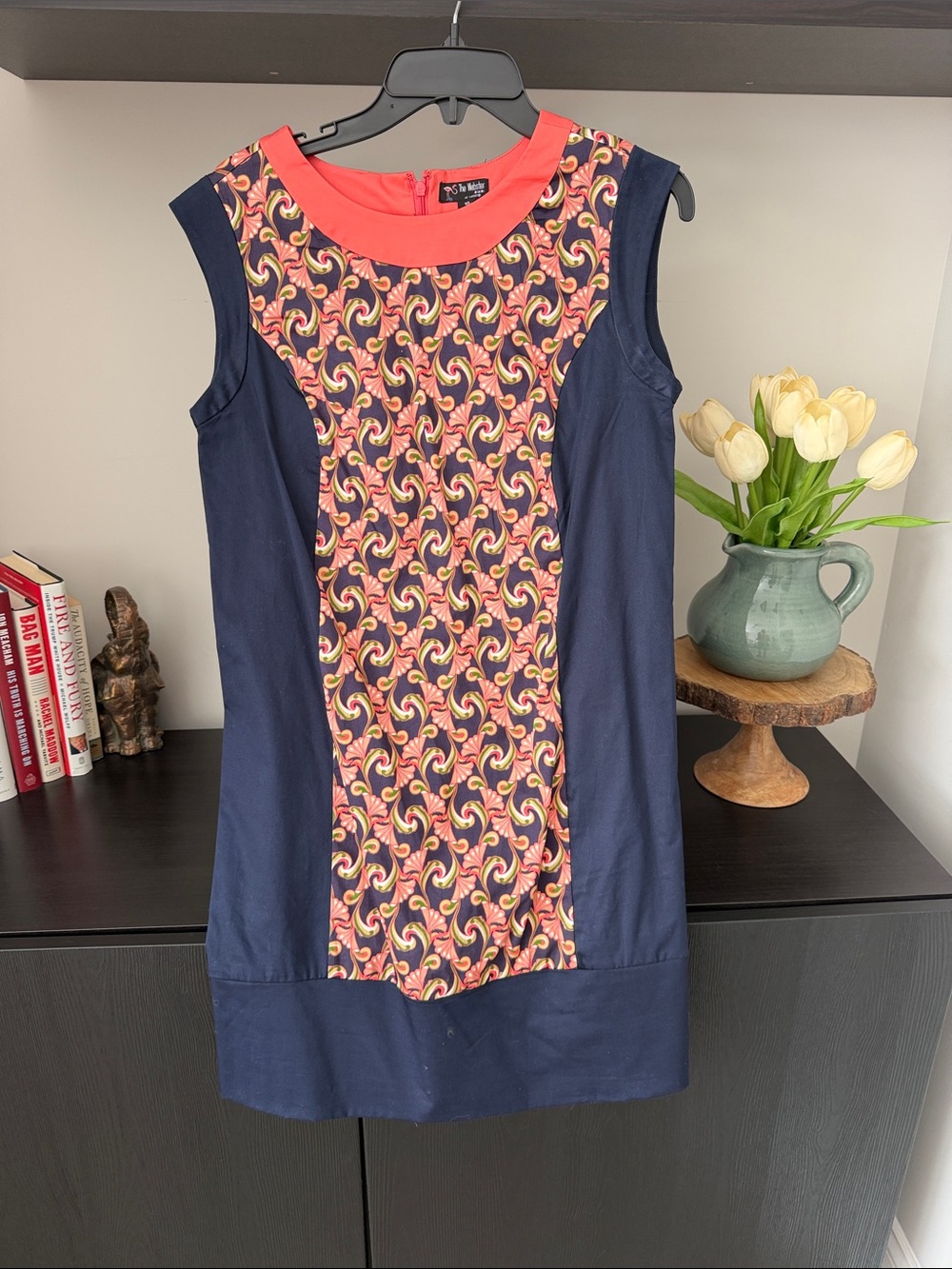A Webster Miami Sleeveless Navy Shift Dress with Coral & Multicolor Front Panel